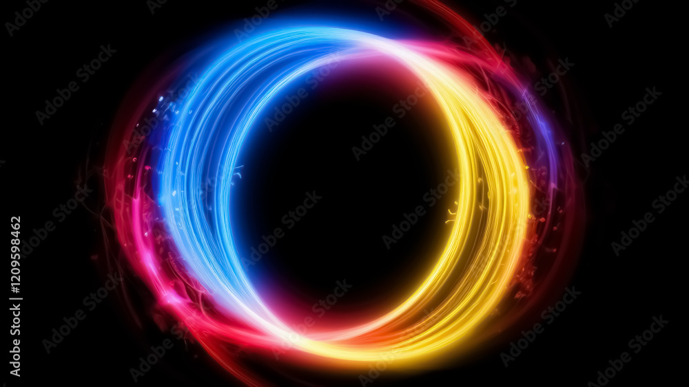 A vibrant and dynamic neon light circle with bright blue, pink, and yellow streaks swirling in a circular motion, set against a dark background, creating a sense of motion and energy. A vibrant and dynamic neon light circle with bright blue, pink, and yellow streaks swirling in a circular motion, set against a dark background, creating a sense of motion and energy.