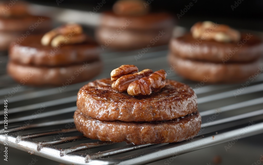 A variety of donuts topped with nuts are displayed on a rack, showcasing their delicious textures and tempting appearances in an attractive arrangement. A variety of donuts topped with nuts are displayed on a rack, showcasing their delicious textures and tempting appearances in an attractive arrangement.