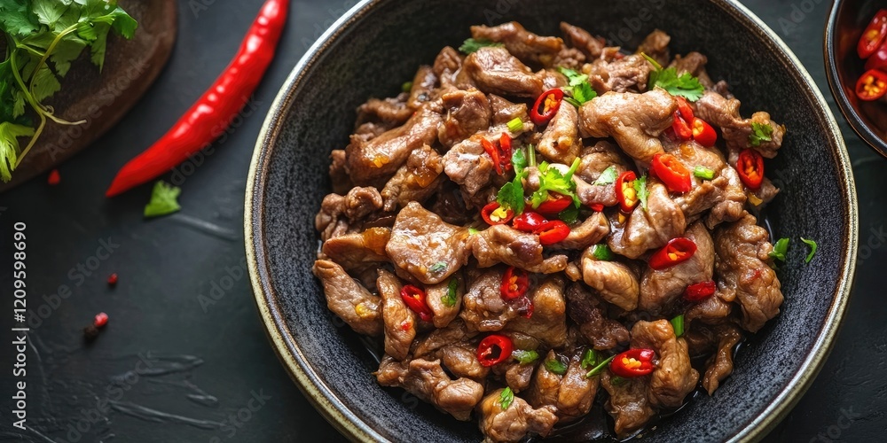 Spicy chicken gizzards in a black bowl garnished with sliced red chili peppers and fresh cilantro on a dark textured background Spicy chicken gizzards in a black bowl garnished with sliced red chili peppers and fresh cilantro on a dark textured background