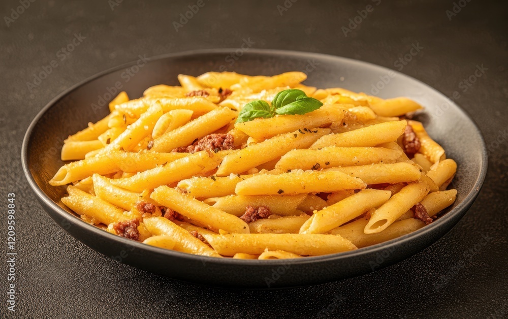 A bowl of aromatic pasta topped with savory meat and melted cheese, beautifully presented on a rustic table setting. A bowl of aromatic pasta topped with savory meat and melted cheese, beautifully presented on a rustic table setting.