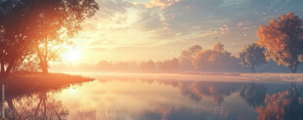 Obraz premium Scenic sunrise over a calm river with reflections of trees and sky.