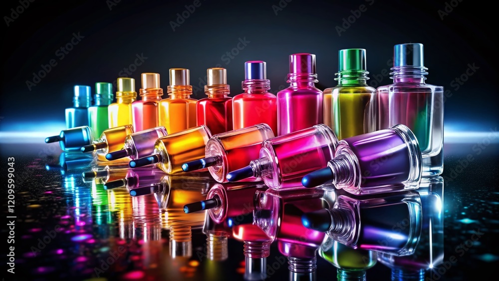 Colorful Nail Polish Bottles Night Photography Splash Gradient Background Colorful Nail Polish Bottles Night Photography Splash Gradient Background