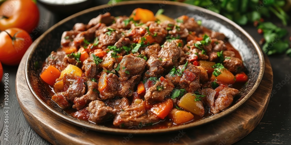 Rustic plate of sautéed meat with colorful vegetables topped with fresh parsley on a wooden board surrounded by tomatoes and herbs in soft lighting Rustic plate of sautéed meat with colorful vegetables topped with fresh parsley on a wooden board surrounded by tomatoes and herbs in soft lighting