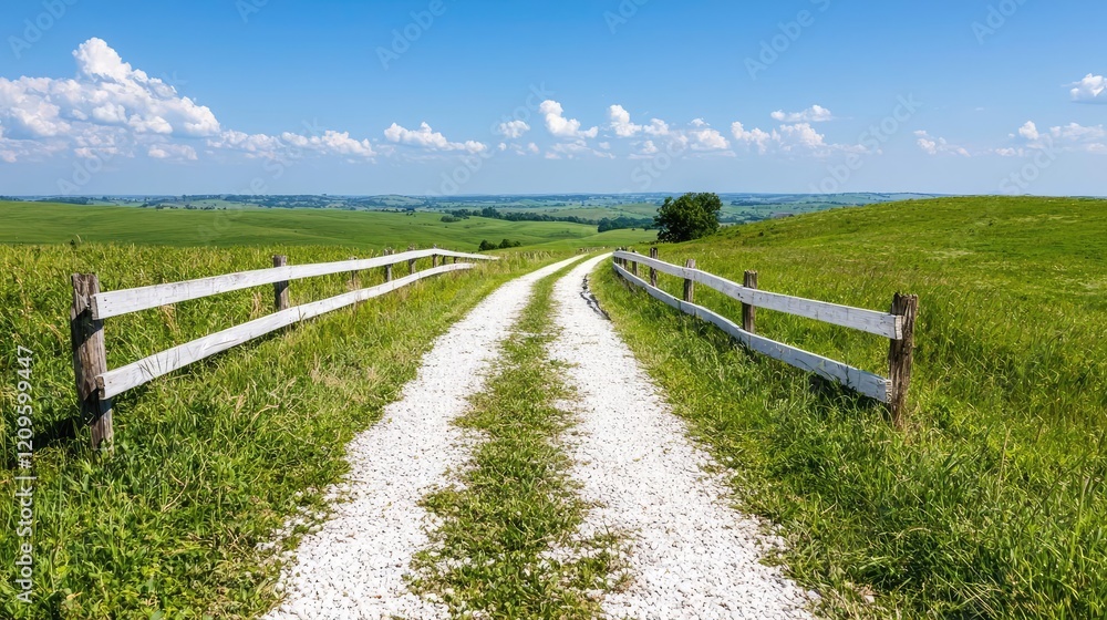 Obraz premium Rural gravel road through green fields on sunny day