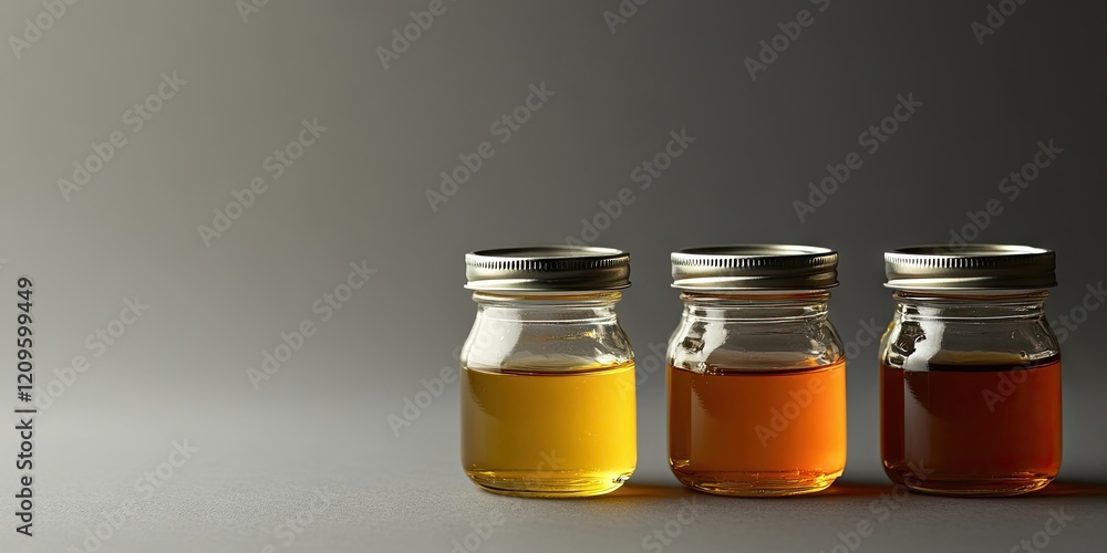 Three glass jars filled with yellow, orange, and brown liquids arranged in a line on a softly lit grey background, showcasing their natural colors. Three glass jars filled with yellow, orange, and brown liquids arranged in a line on a softly lit grey background, showcasing their natural colors.