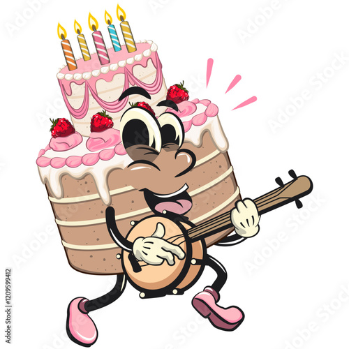 cute birthday and weading tart cake cartoon character mascot playing the banjo musical instrument, work of hand drawn