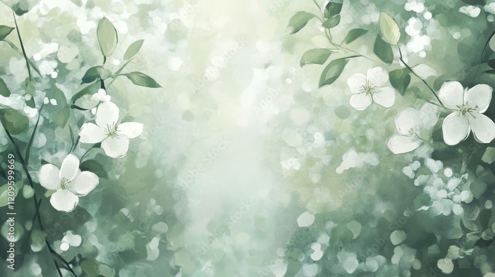 Green leaves white flowers background, nature art, floral scenery, spring illustration, green forest scene Green leaves white flowers background, nature art, floral scenery, spring illustration, green forest scene