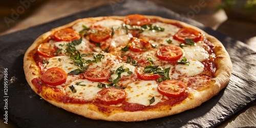 Pizza Margherita with fresh tomatoes and mozzarella cheese on a dark stone surface garnished with basil leaves and a rich red sauce. photo