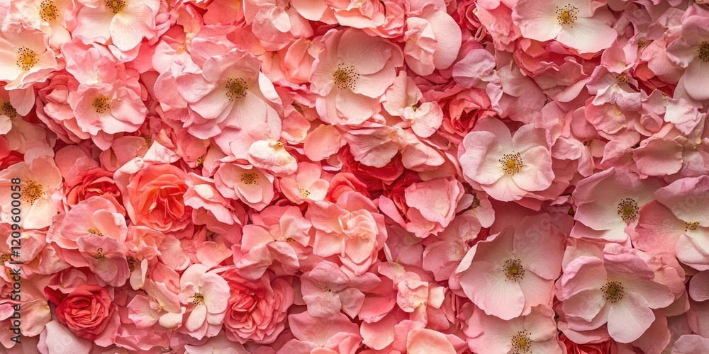 Beautiful arrangement of pink garden rose petals in soft shades of blush and coral, densely layered to create a romantic backdrop. Beautiful arrangement of pink garden rose petals in soft shades of blush and coral, densely layered to create a romantic backdrop.