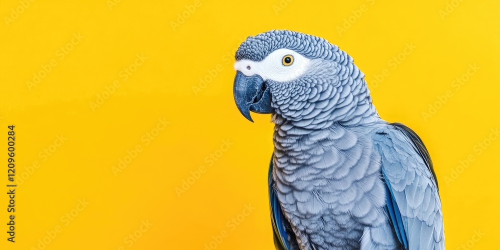Obraz premium Gray parrot portrait with vibrant yellow background showcasing detailed feathers and sharp beak positioned to the left for a dynamic composition