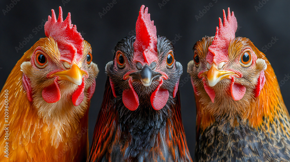Naklejka premium Closeup of three chicken with different colours (dark brown, black and brown) looking into the camera