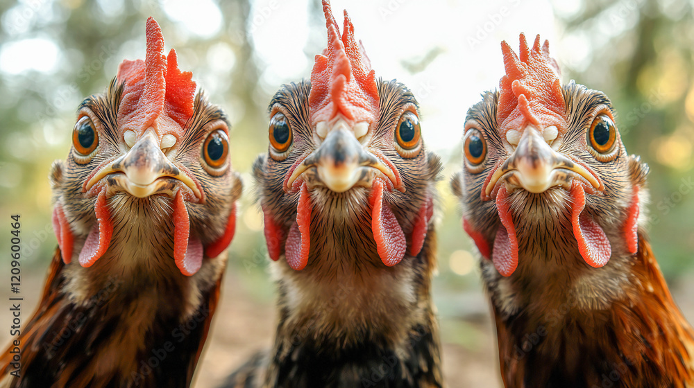 Fototapeta premium Closeup of three chicken with different colours (dark brown, black and brown) looking into the camera
