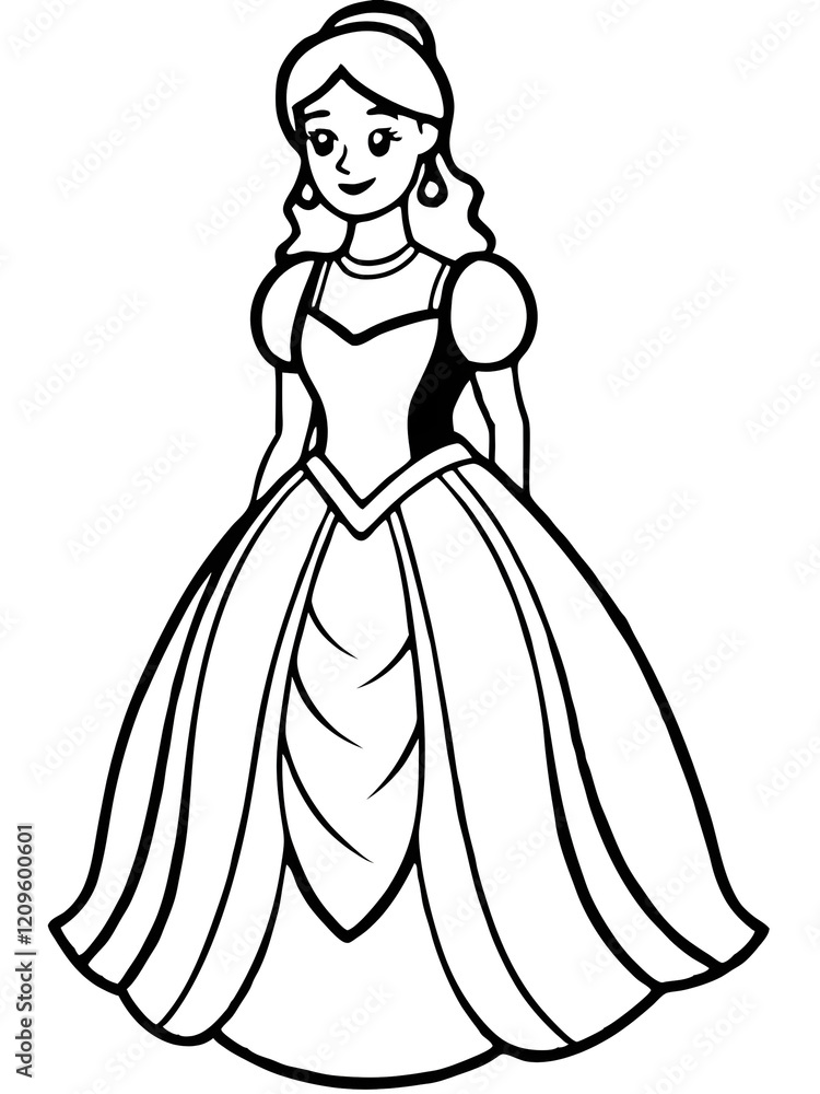 Fototapeta premium Princess coloring page illustration with beautiful dress for kids concept