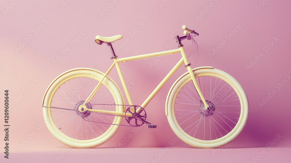 A crisp shot of a pastel yellow bicycle with stylish detailing, parked against a soft lilac wall in natural light A crisp shot of a pastel yellow bicycle with stylish detailing, parked against a soft lilac wall in natural light