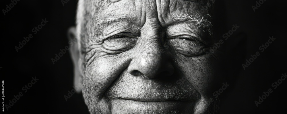 A wrinkled face etched with laughter lines, radiating kindness and warmth. A wrinkled face etched with laughter lines, radiating kindness and warmth.