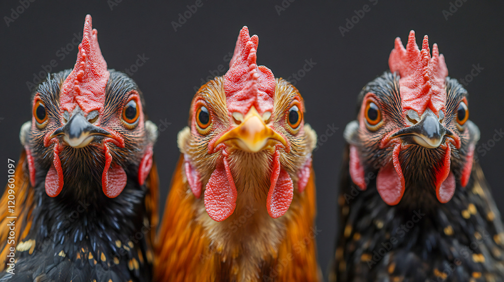 Fototapeta premium Closeup of three chicken with different colours (dark brown, black and brown) looking into the camera