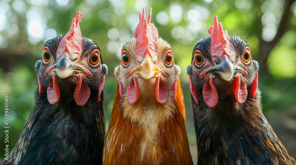 Fototapeta premium Closeup of three chicken with different colours (dark brown, black and brown) looking into the camera