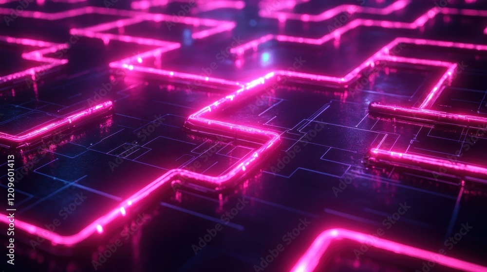 Fototapeta premium Vibrant pink neon maze illuminates a dark futuristic circuit board