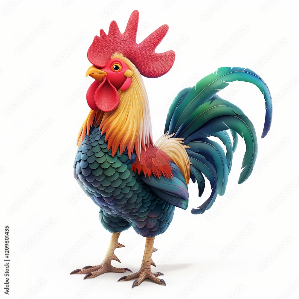 Fototapeta premium 3d Rendering of a Colorful Rooster Standing on White Background