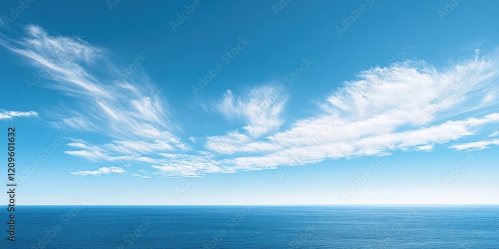 custom made wallpaper toronto digitalSerene ocean view with clear blue water and sky, featuring soft white clouds scattered across the horizon, creating a tranquil atmosphere.