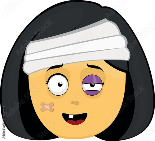 vector illustration yellow emoji face character woman cartoon, injured with bandages on his head, a black eye, a single tooth