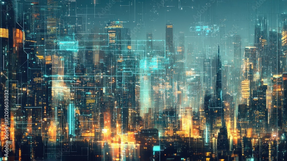 Futuristic cityscape with digital blueprints overlay Futuristic cityscape with digital blueprints overlay