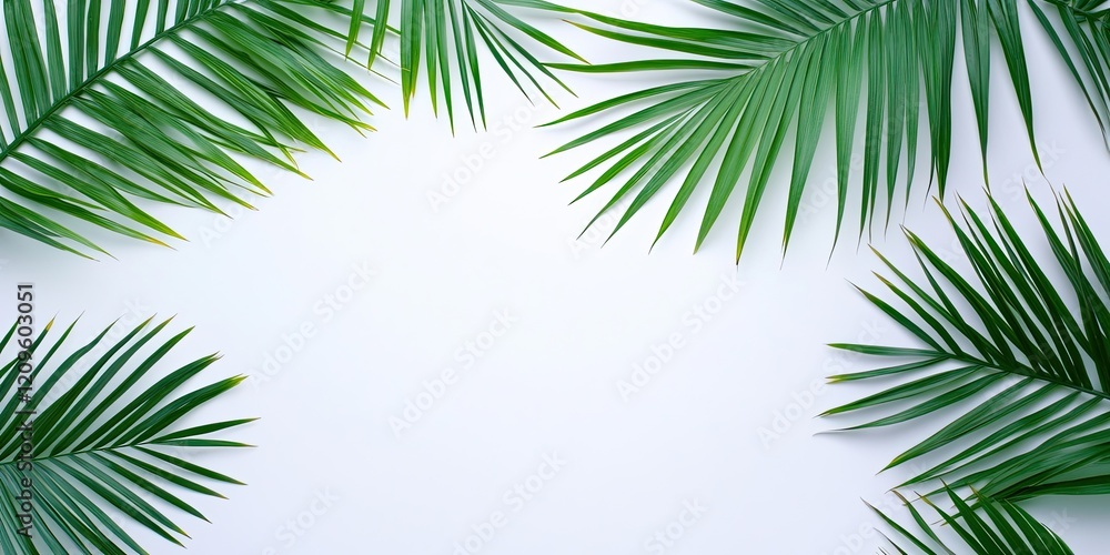 Tropical green palm leaves symmetrically arranged on a white background creating a bright summer atmosphere with ample copy space in the center Tropical green palm leaves symmetrically arranged on a white background creating a bright summer atmosphere with ample copy space in the center