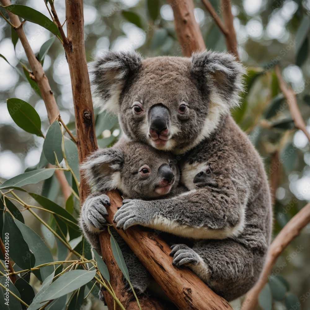 Naklejka premium A baby koala snuggling with its mother on a eucalyptus tree.
