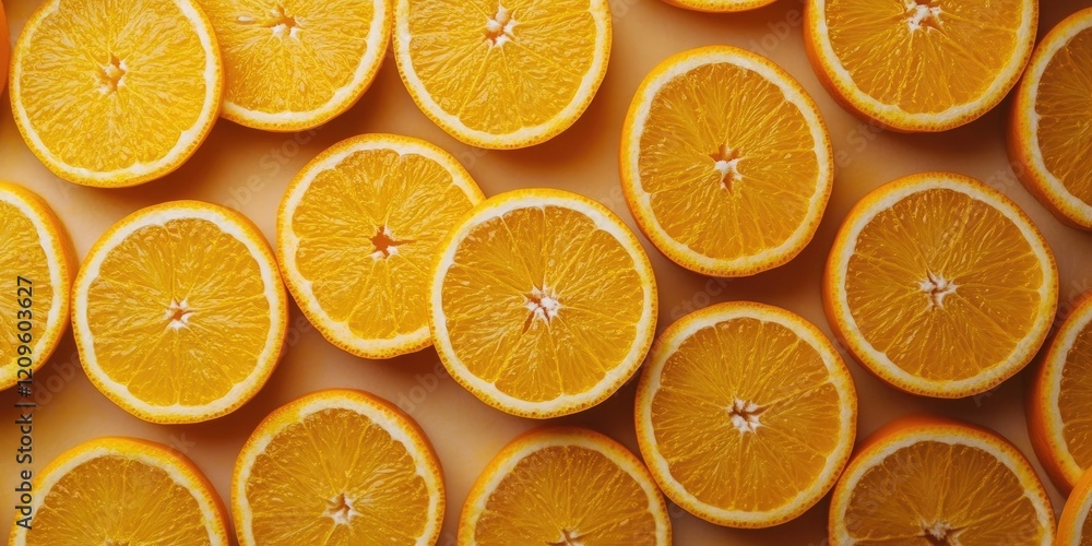 Vibrant top view of sliced oranges arranged in a circular pattern with bright yellow and soft orange hues against a neutral background. Vibrant top view of sliced oranges arranged in a circular pattern with bright yellow and soft orange hues against a neutral background.
