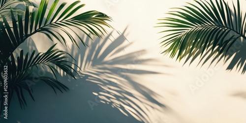 Tropical palm leaves casting intricate shadows on a soft white backdrop with shades of green and brown positioned in the upper right and lower left corners. photo