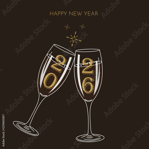 Happy New Year greeting card with two glasses of champagne. Vector illustration