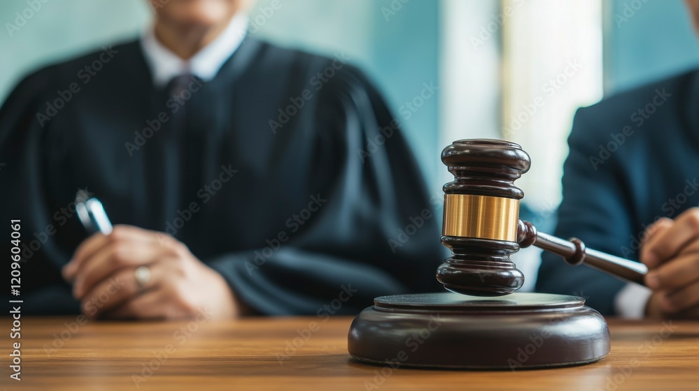A judge's gavel rests on a table, with two individuals seated behind it, likely in a courtroom setting, emphasizing the judicial process. A judge's gavel rests on a table, with two individuals seated behind it, likely in a courtroom setting, emphasizing the judicial process.