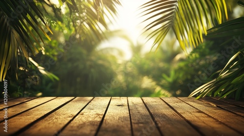 Wooden deck in lush jungle, tropical green leaves, sunlight, nature background, exotic plants, sunny day