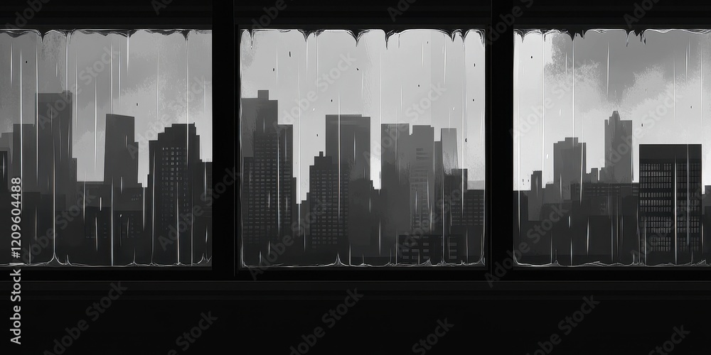 Obraz premium Rainy Cityscape Viewed Through A Window Pane
