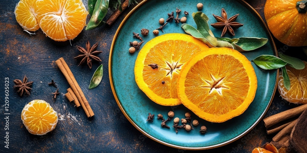 Freshly sliced pumpkin and vibrant orange halves arranged on a teal plate with aromatic spices and herbs over a dark textured background Freshly sliced pumpkin and vibrant orange halves arranged on a teal plate with aromatic spices and herbs over a dark textured background