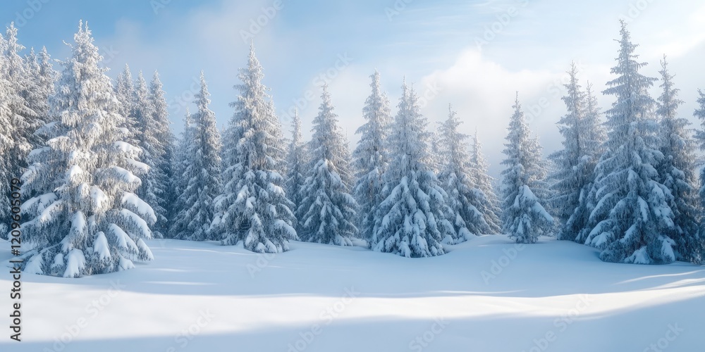 Winter wonderland featuring snow-covered spruce trees in a bright blue sky landscape, with fluffy white snow blanketing the serene forest ground. Winter wonderland featuring snow-covered spruce trees in a bright blue sky landscape, with fluffy white snow blanketing the serene forest ground.