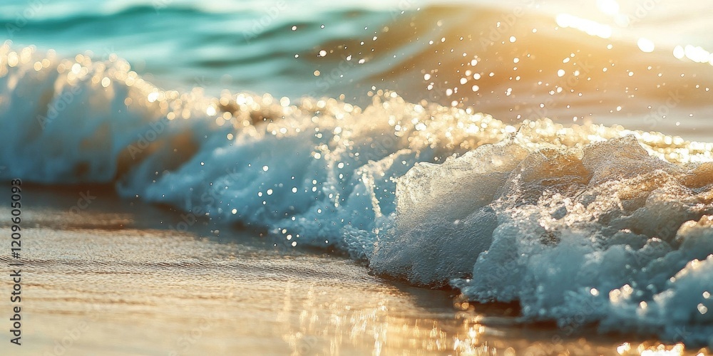 Obraz premium Tropical seascape with waves sparkling in sunlight on a sandy beach featuring soft golden and turquoise tones highlighting summer vibes