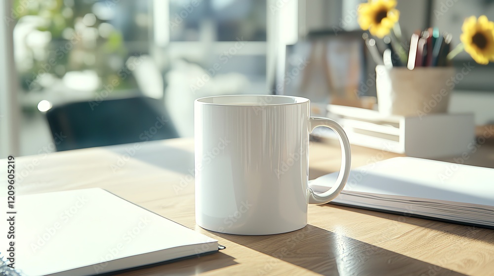 A cozy morning scene featuring a white mug on a sunlit wooden desk with notebooks and stationery, capturing tranquility and focus. A cozy morning scene featuring a white mug on a sunlit wooden desk with notebooks and stationery, capturing tranquility and focus.