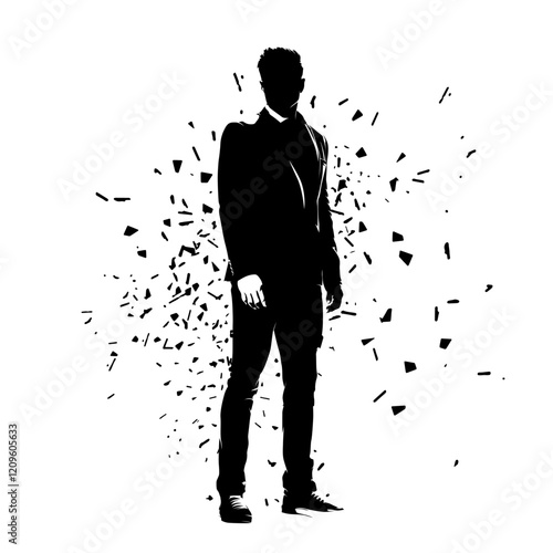 Businessman standing, isolated vector silhouette with dispersion effect. Business people clip art