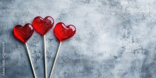 Heart-shaped red lollipops arranged diagonally on a textured gray concrete background with ample copy space on the right side for text