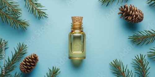 Organic cedar oil bottle in center surrounded by pine cones and cedar branches on a light blue background flat lay arrangement for beauty themes photo