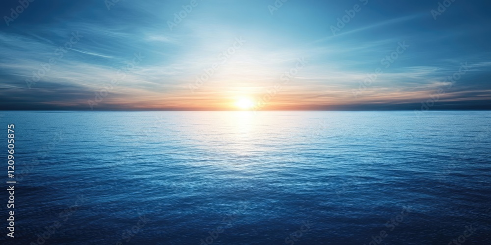 Obraz premium Serene sunset over calm blue sea with bright glowing horizon and soft focus effect creating tranquil ambiance with ample copy space on top