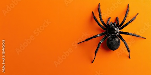 Black spider positioned centrally on a vibrant orange background, ideal for Halloween themes and seasonal decorations, emphasizing a festive atmosphere. photo