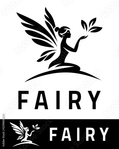 Elegant fairy logo design featuring a fairy silhouette with wings and leaves in black and white