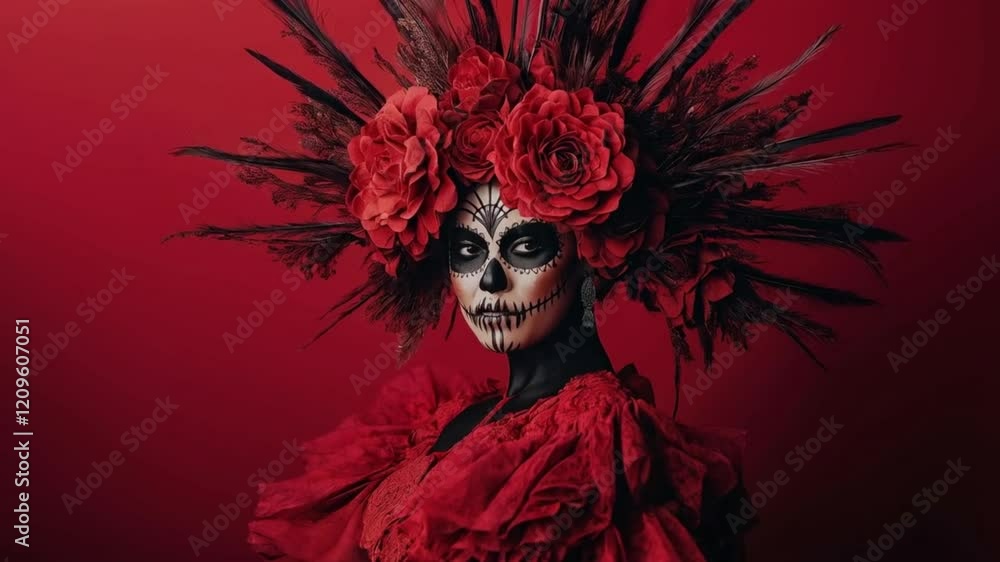 A striking fashion portrait of Katrina de los Muertos, looking directly into the camera with intense focus, featuring a stylish appearance, isolated against a dramatic dark red background

