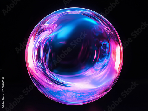 Abstract radiant neon light energy sphere, orb, ball, glowing bright atom, pink and blue swirls on black background, circle
