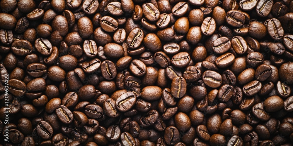 Fototapeta premium Rich brown roasted coffee beans scattered densely on a dark surface, showcasing varied textures and contours, ideal for a warm background option.