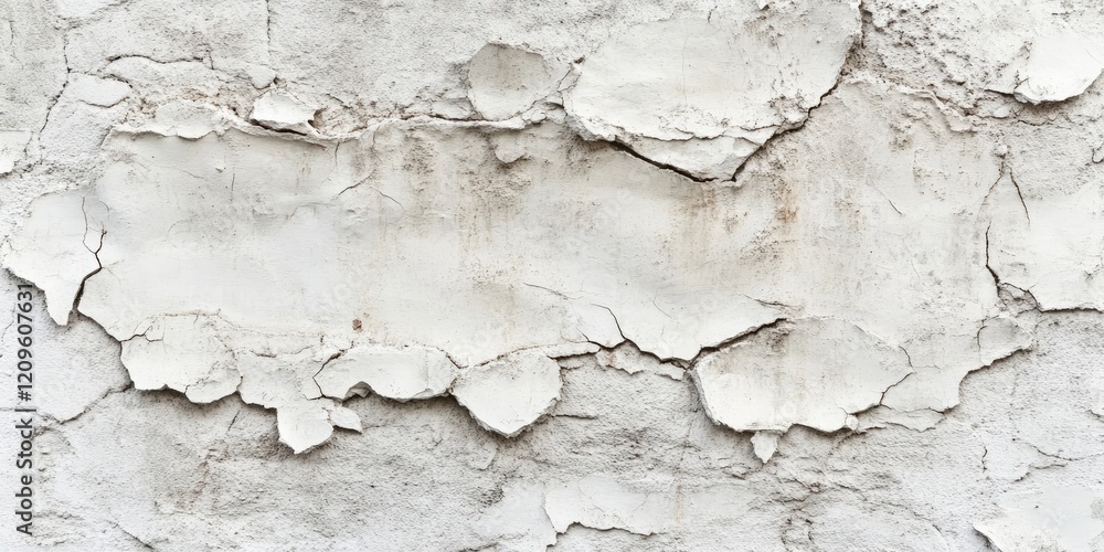 Obraz premium Weathered plaster concrete wall texture featuring cracked white surface with varying shades of gray and beige hues centered on a rough backdrop