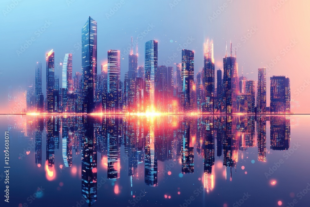 Fototapeta premium Futuristic Cityscape Reflected In Calm Water At Dawn