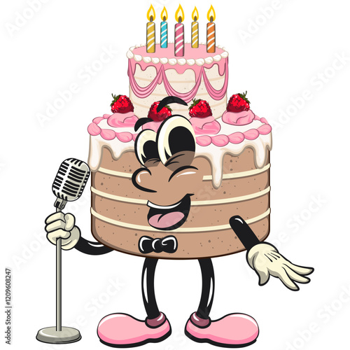 cute birthday and weading tart cake cartoon character mascot on front of the mic become a stand up comedian, work of hand drawn